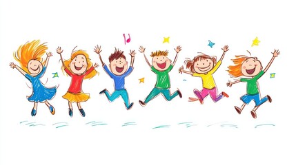 Cute children's art jumping and laughing happily with colorful lines imagination display on paper simple kindergarten children's drawing hand drawn concept
