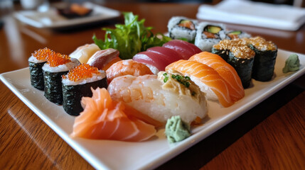 Savor chefs special sushi platter featuring vibrant fish, including salmon, tuna, and shrimp, beautifully arranged with garnishes and wasabi