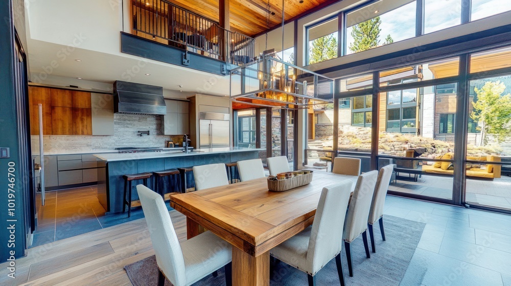 Poster Modern dining area with a large table and open kitchen in a stylish home.