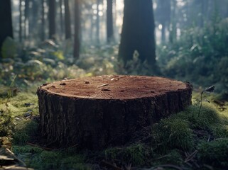Obraz premium A tree stump surrounded by lush greenery in a serene forest setting.
