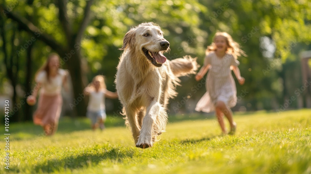 Wall mural A joyful golden retriever runs through a park with children playing in the background.