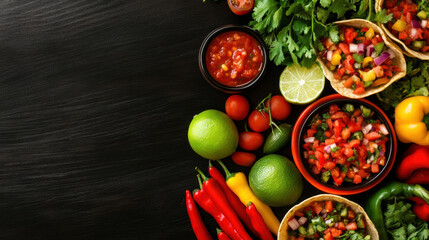 Colorful taco spread with fresh ingredients, including tomatoes, limes, and salsa, creating vibrant and appetizing display. Perfect for gatherings and celebrations