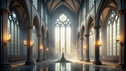 Obraz premium Foggy Gothic chapel with tall windows and columns, foggy, hall, interior, gothic, ancient, chapel, tall windows, columns