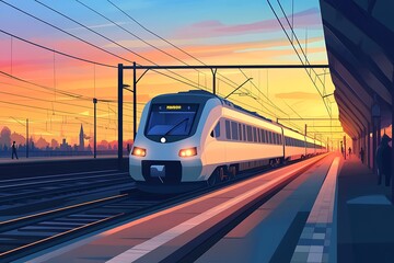 Naklejka premium vector art Commuter Train at Beautiful Modern Railway Station