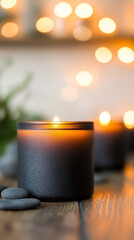 A black candle burns brightly on a wooden surface, surrounded by smooth stones.