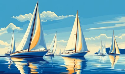 Fototapeta premium illustration boats and yachts at the sailing regatta on open water. Sailing on the wind waves in the sea.