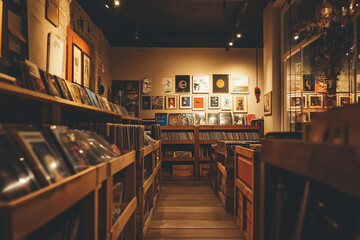 Cozy vintage record store interior with vinyl records and warm lighting.