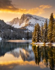 Pristine Alpine Lake Surrounded by Snow-Capped Peaks and Pine Trees, Captured at Sunset With a Golden Sky Reflecting on the Water for a Stunning Nature Landscape Scene