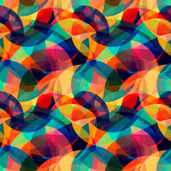 Vibrant abstract pattern with overlapping circles in vibrant shades of red, orange, yellow and turquoise. Seamless background