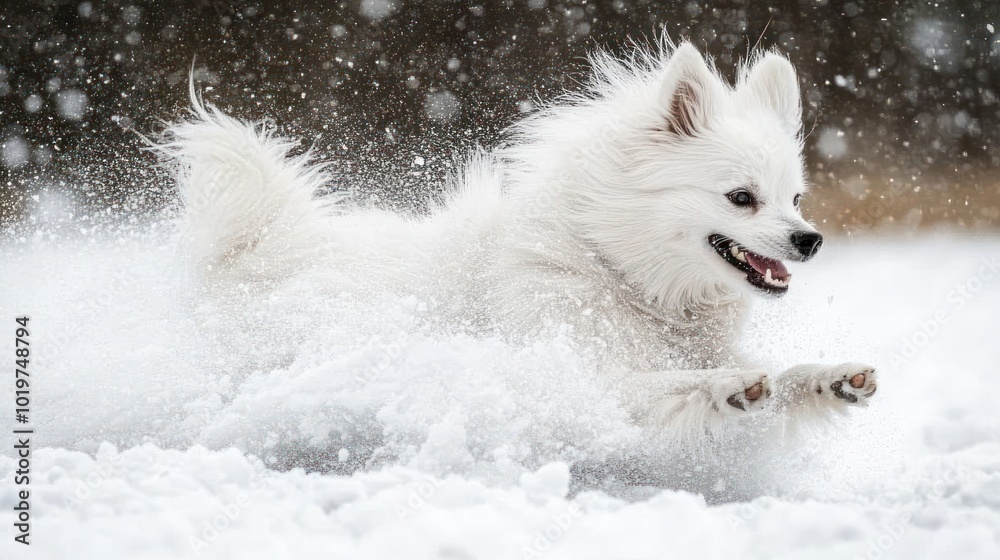 Sticker A playful white dog joyfully running through the snow, creating a lively winter scene.