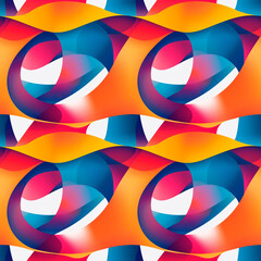 A vibrant abstract pattern with dynamic geometric shapes and smooth gradients in bold shades of orange, blue and yellow. Seamless background