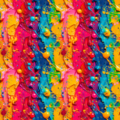 Bright abstract background with splashes of colorful paint in dynamic movement, with bright shades of yellow, pink, blue and green. Seamless background