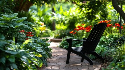 Obraz premium A serene garden path with a black chair surrounded by lush greenery and vibrant flowers.