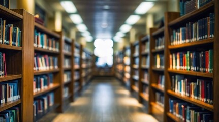 Blurred public library bookstore interior space, blurry storage room with bookshelves by defocused effect. Education training concept macro background