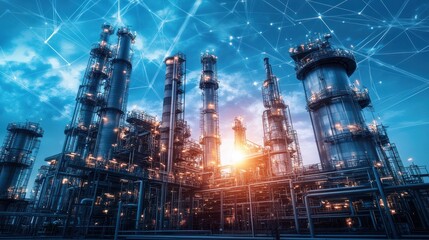 A modern industrial complex with interconnected systems and a sunset backdrop.