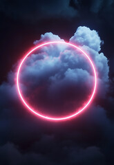 Fototapeta premium Neon circle, Neon glitter circle of light shine sparkles and Neon spark particles in circle frame on clouds background, magic of space
