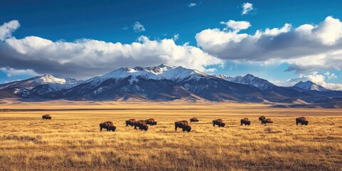 A herd of bison grazing in the vast expanse meadow, mountain and cloudy sky on background