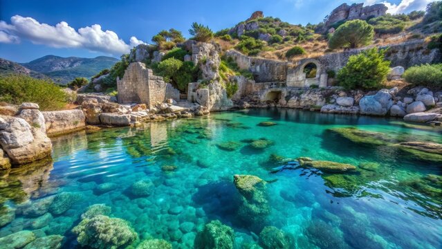 Crystal clear waters surround the ancient sunken city ruins in Kekova, Turkey, Kekova