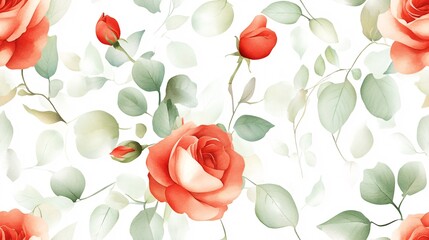 Delicate Red Roses with Green Leaves in Watercolor Style
