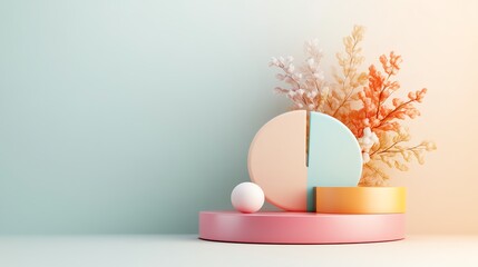 Modern abstract composition with pastel-colored geometrical shapes and dried flowers on a soft gradient background.