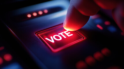 Close-up of a finger about to press a glowing red button with the text "VOTE" on a digital screen