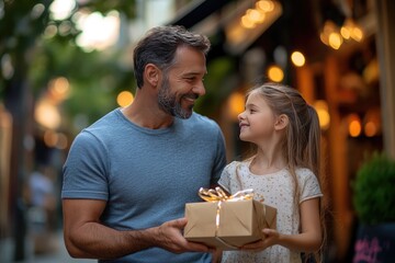 Obraz premium A father giving a gift to his daughter in the city