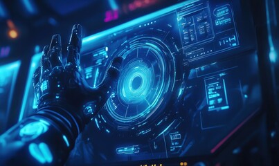 A robotic hand reaches out to touch a futuristic digital interface, glowing with blue light.