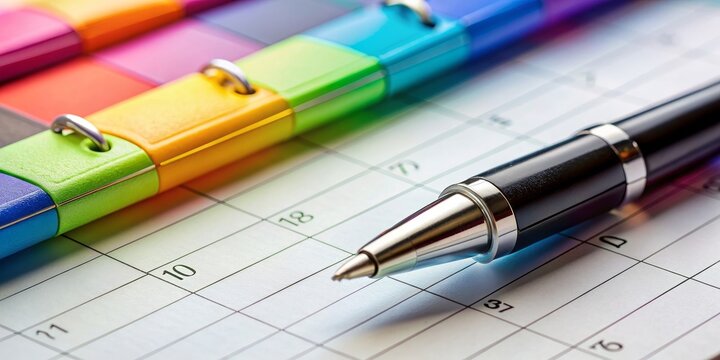 A close-up image of a planner calendar with colorful pages and a pen, planner, calendar, schedule