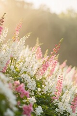 Obraz premium A Field of Pink and White Flowers Bathed in Golden Sunlight.