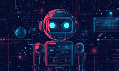 A futuristic robot with glowing blue eyes stands in front of a digital background with circuits and data.