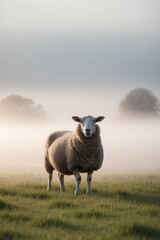 Fototapeta premium A sheep standing in misty surroundings during a tranquil morning hour.