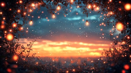 Fototapeta premium Silhouetted Branches with Twinkling Lights Against a Sunset Sky