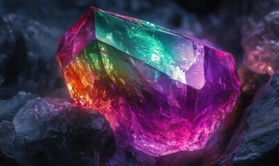 Obraz premium A vibrant, rainbow-colored gemstone rests upon a bed of rough, grey stones.