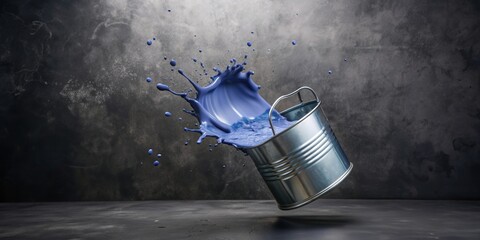 Silver paint can jumping with blue paint splashing , art, creativity, paint can, silver, blue, jumping, splash, messy