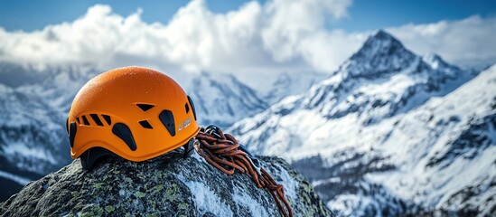 Orange Climbing Helmet on Snowy Mountain Peak. An Adventurous Scene Capturing The Essence Of Mountaineering And Safety. Generate Ai Image