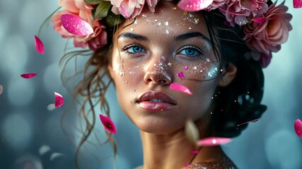 A woman wearing a flower crown looks thoughtfully into the camera as pink petals fall around her - Powered by Adobe