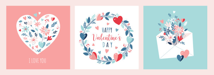 Valentine's Day romantic greeting card, with flowers hearts, envelop, flat, hand drawn ,vector