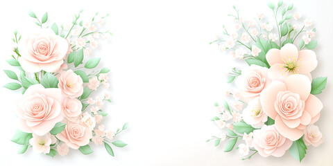 A white background with a beautiful arrangement of pink roses and green leaves. The roses are of various sizes and are scattered throughout the image, with some larger and some smaller