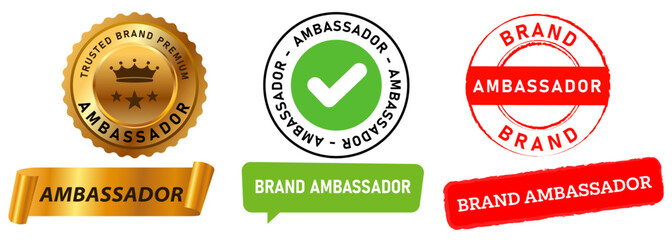Ambassador brand product stamps colorful badge business advertisement quality marketing button textured design icon set collection