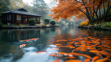 Fototapeta premium Autumnal Japanese Garden with Koi Pond - Illustration