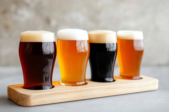 Four different types of craft beer in glasses on a wooden tray, showcasing a variety of beer colors and foam levels with a neutral background.