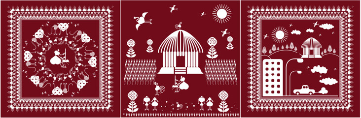 Naklejka premium warli painting,Forest and animal Landscape, village and Farming Chikan stand on the animaland village