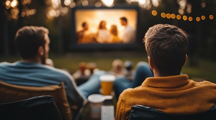Two friends enjoying an outdoor movie night with drinks and snacks under string lights, creating a cozy evening atmosphere.
