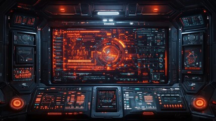 Obraz premium Futuristic control panel with glowing red interfaces and data displays.