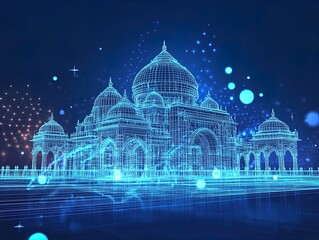 Obraz premium Stunning Neon Blueprint of Majestic Domes and Arches: A Striking Blue Architectural Design Perfect for Sporty Interior Posters