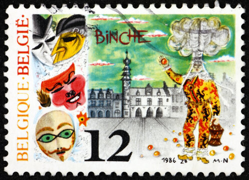 Postage stamp Belgium 1986 Binche Gilles, belfry and city hall, carnival city