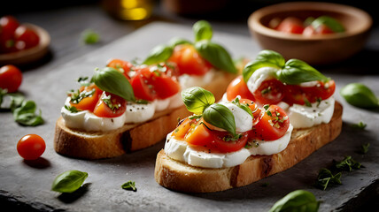 Delicious Bruschettas with fresh tomatoes and mozzarella