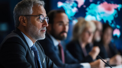 Strategic Business Meeting Leaders Engaging in Serious Discussion with Global Insights