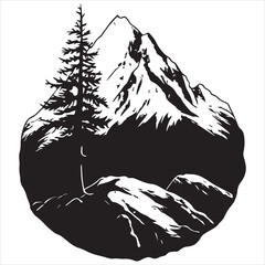 simple logo of a man with mtb normal helm an all-terrain bike in a simple landscape, on a white background
