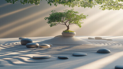 Zen Garden with Bonsai Tree and Stones